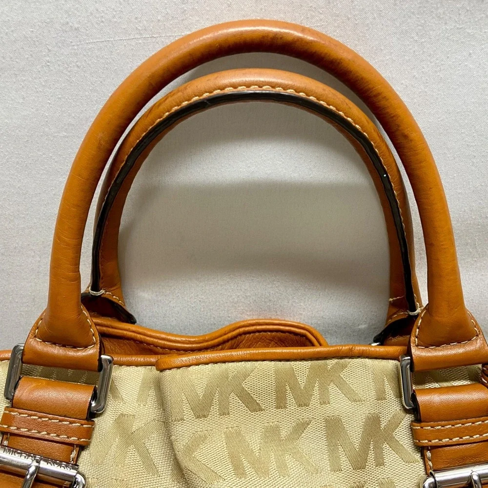 Michael Kors Brookville Large Tote Bag MK Saddle Khaki Canvas Brown Leather EUC